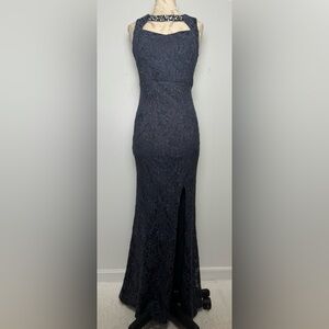 City Studio Lace Mermaid Gown XS Navy Sparkle Formal Prom Dress Slit